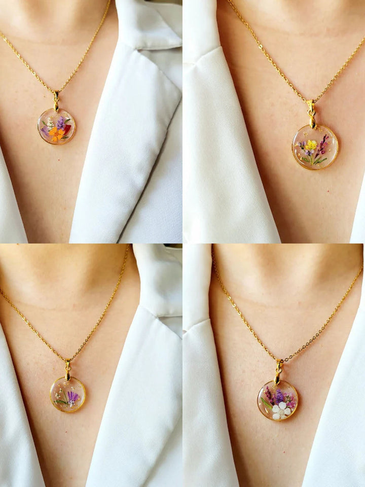 Resin Pressed Flower Necklaces - Handmade Birth Flower Bouquet