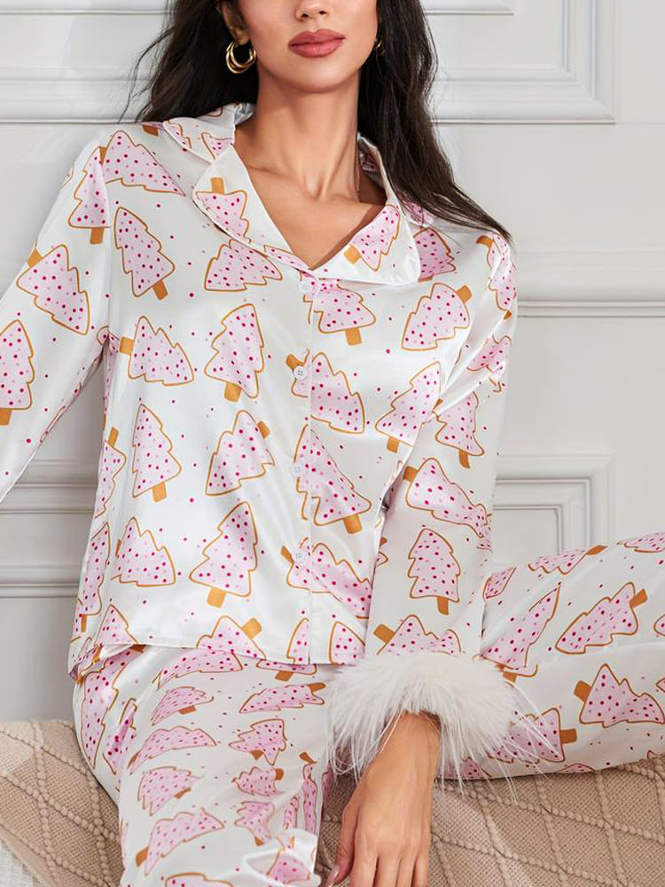 Conjunto de Pijamas de Cetim com Estampa de Árvore de Natal