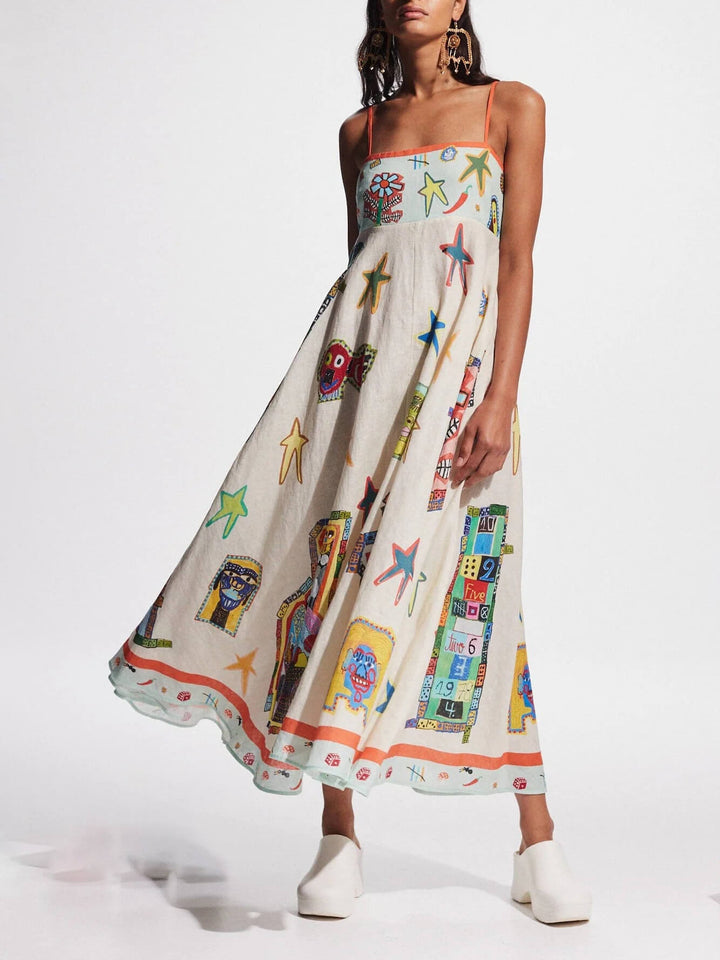 Eenzegaarteg Graffiti Print Suspenders Long Swing Maxi Kleed