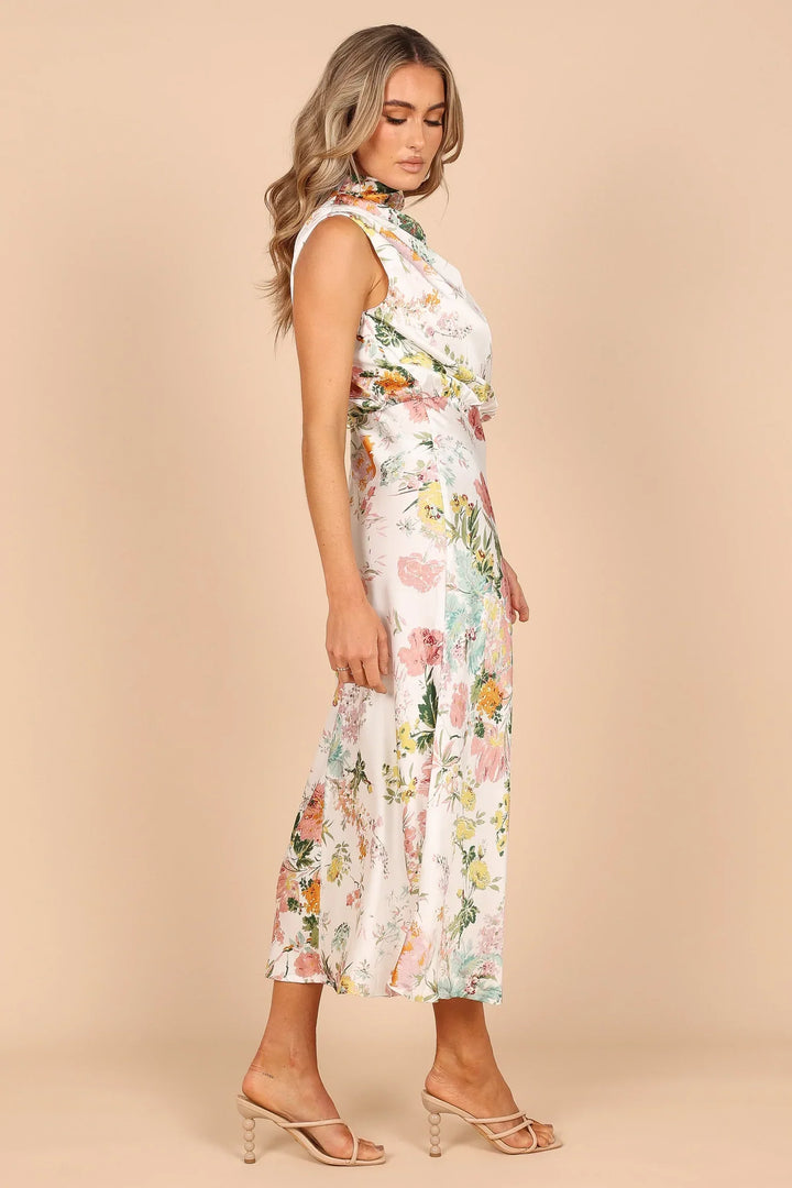 Wine Country Dates Floral Halter Neck Elastik Talje Maxi Kjole