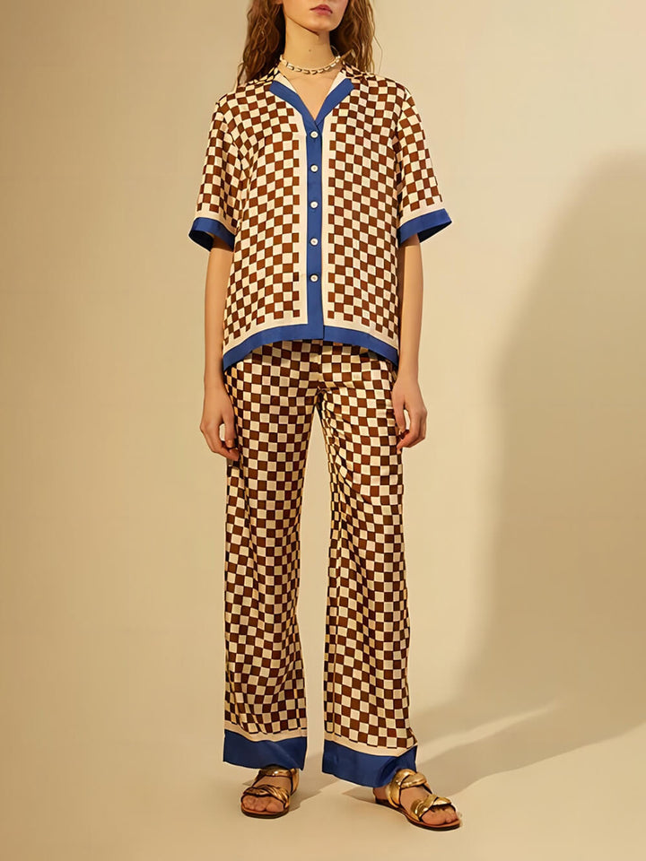 Ensemble pantalon élastique ample à imprimé damier Unique, rayures bleues, épissage