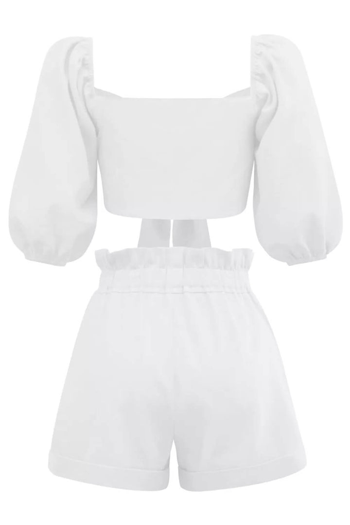 Linen Wrap Front Tie Puff Sleeve Shorts Sets In White