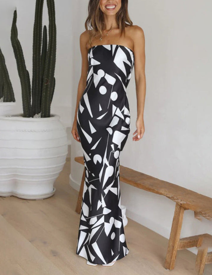 Satin Geometric Print Off Shoulder Maxi Dress