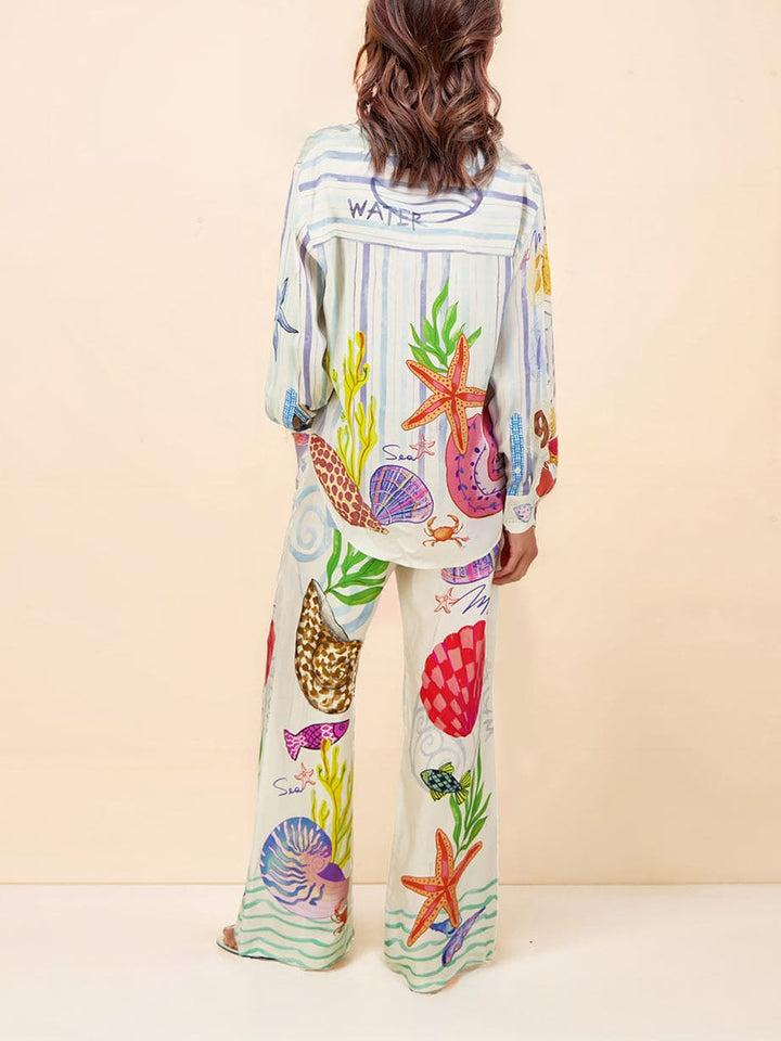 Ocean Theme Print Pants-setti