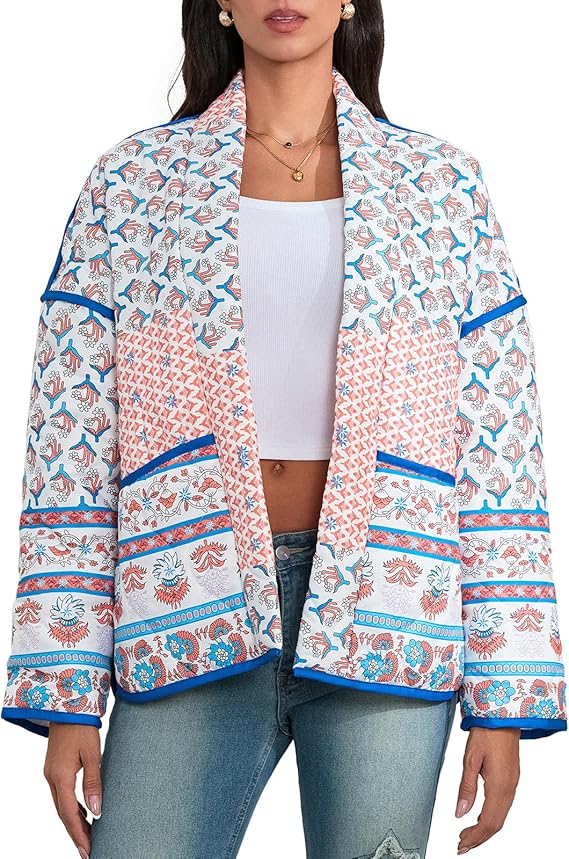 Lapel Printed Patchwork Quilted Thin Jacket