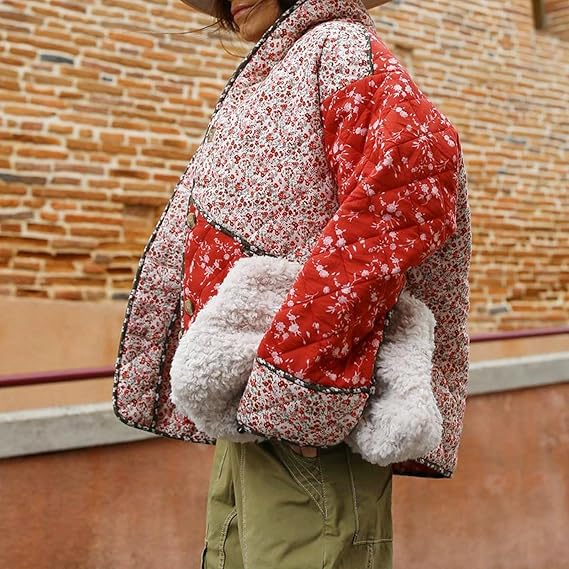 Ethnic style Floral Print Color Contrast Quilted Jacket