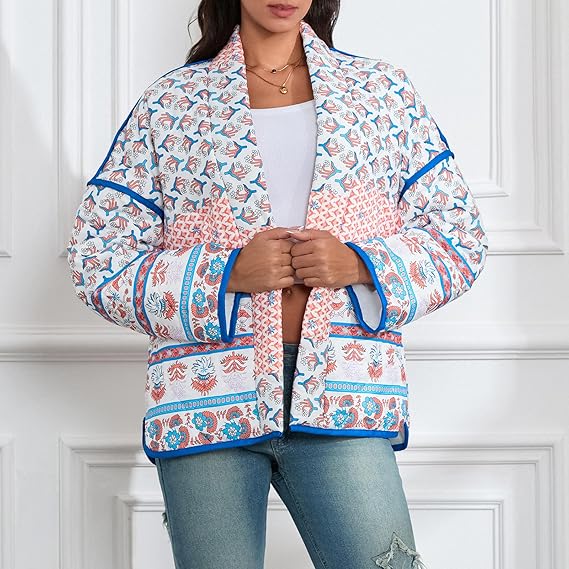 Yaka Baskılı Patchwork Kapitone İnce Ceket