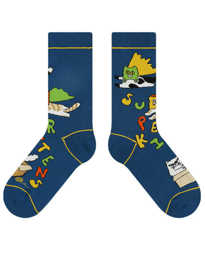 Niedliche Cartoon-Meow-Meow-Socken in der Mitte der Wade