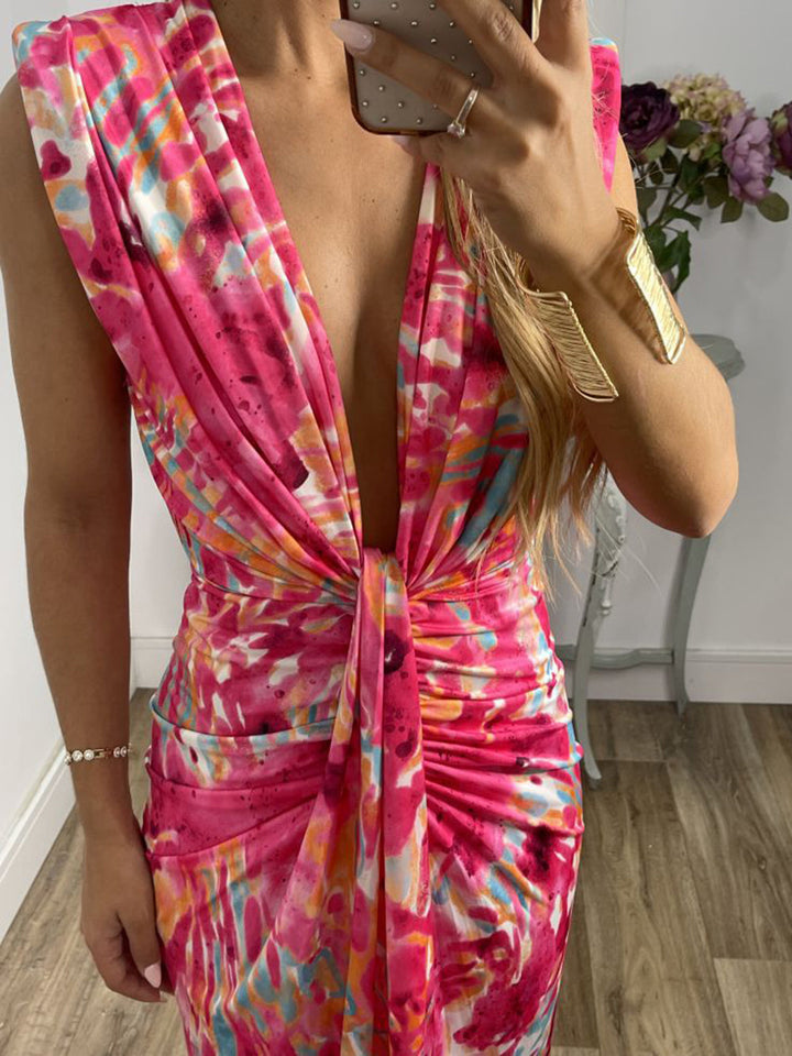 Tie-Dye Deep V Ruched Knotted Maxi Kleed