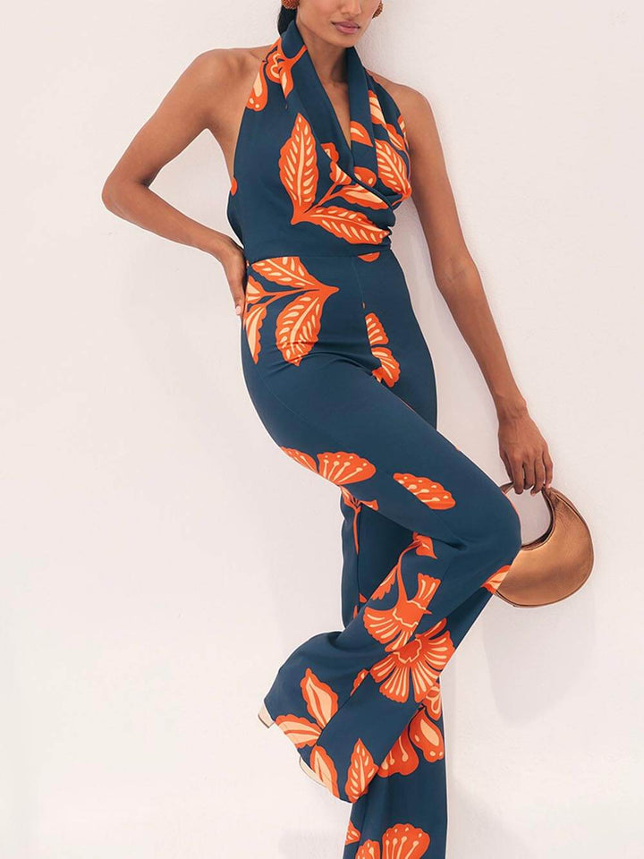 Unique Floral Print Backless Jumpsuit