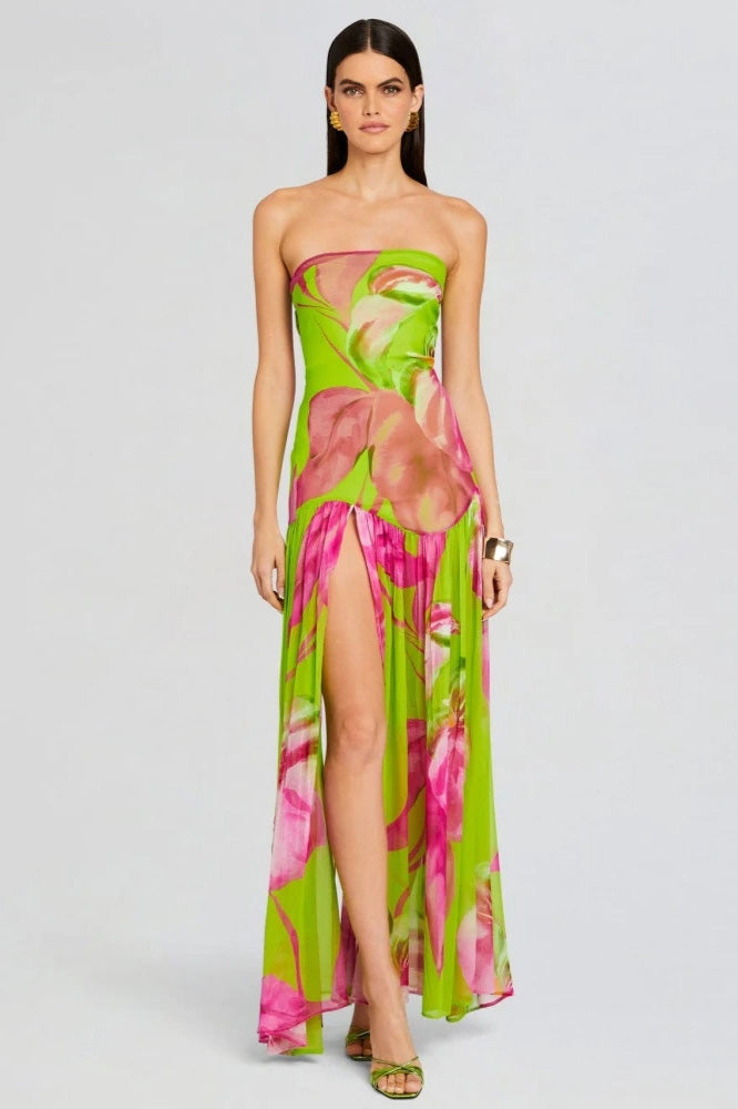 Pam Printed Strapless Slit Maxi Dress