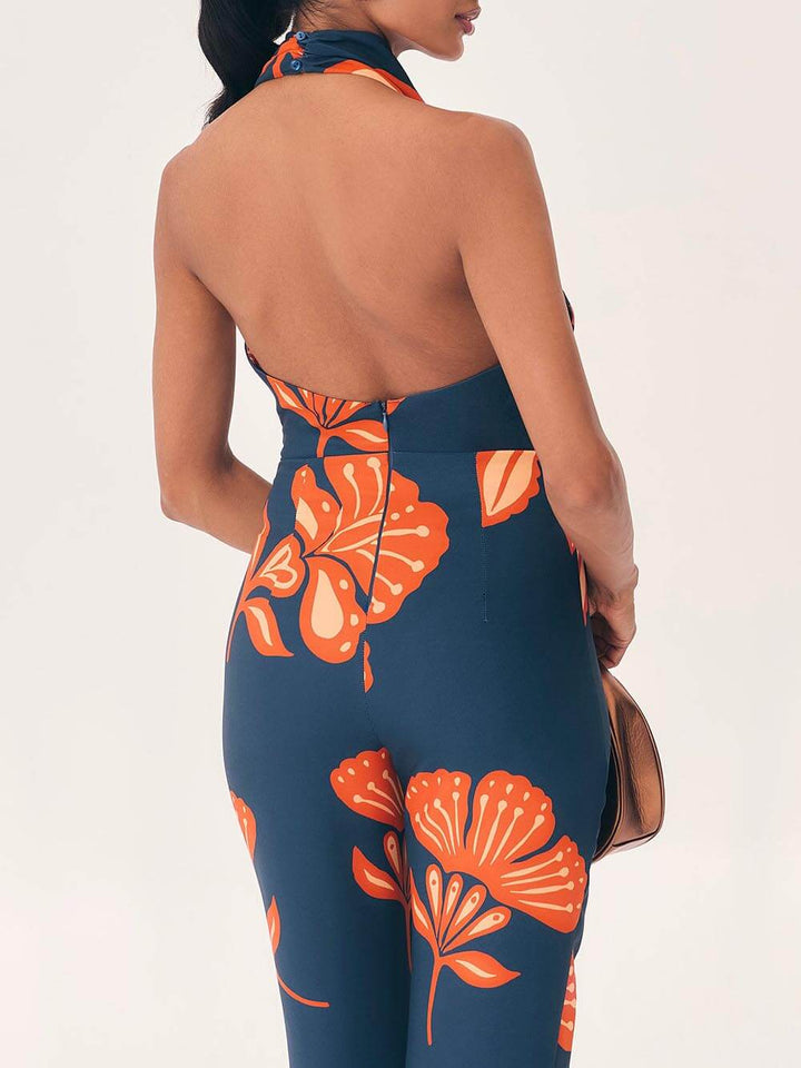 Unique Floral Print Backless Jumpsuit