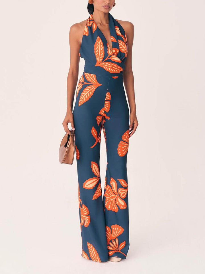 Einzigartiger rückenfreier Jumpsuit mit Blumenmuster