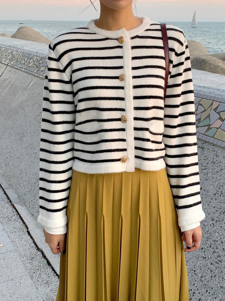 Casual Round Neck Striped Knit Cardigan Sweater Set