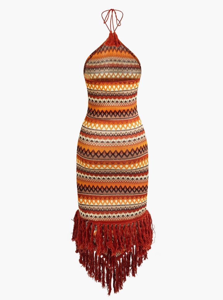 Fringe a faarweg Muster Bohemian Halter Midi Kleed