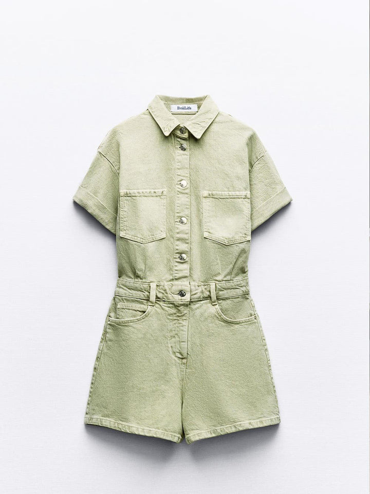 Mini Denim Cuffed-Barboteuse-Vert