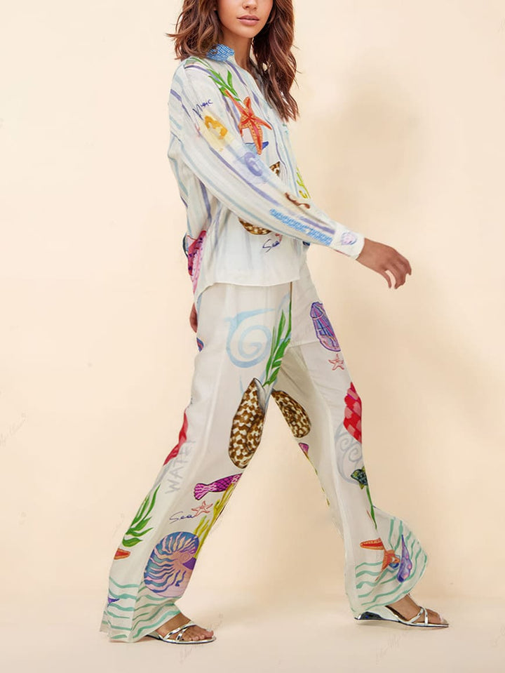 Ocean Theme Print Pants-setti