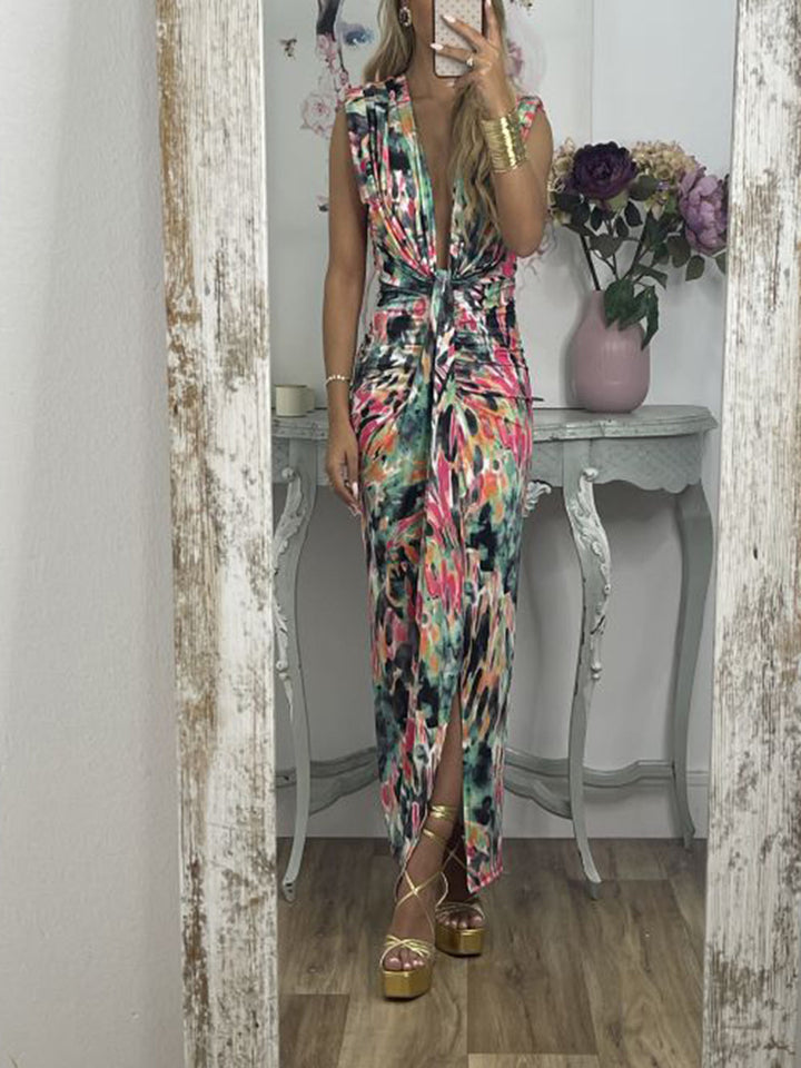 Tie-Dye Deep V Ruched Knoted Maxi -mekko