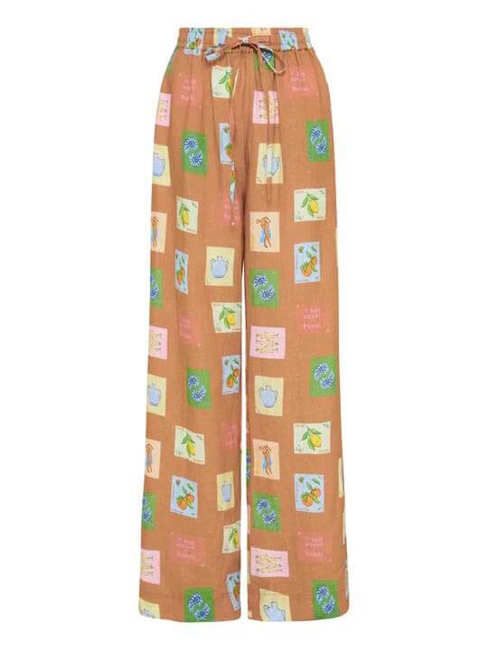 Pantaloni largi cu picioare largi, cu set de imprimeuri florale etnice botanice