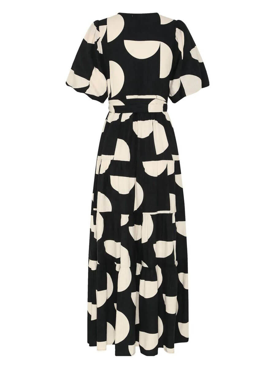 Robe midi à imprimé géométrique et col en V à manches bouffantes