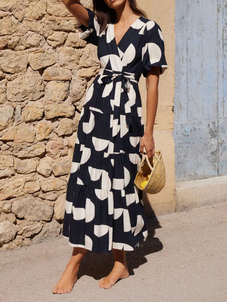 Robe midi à imprimé géométrique et col en V à manches bouffantes