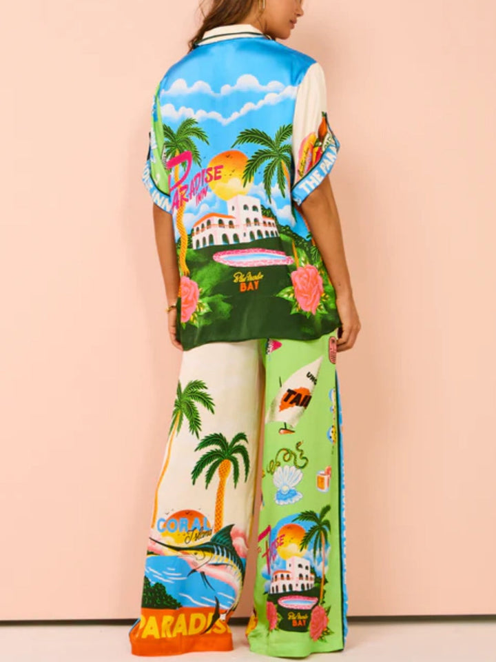 Sunny Beach Yaz Stili Baskılı İki Parça Takım - Pantolon