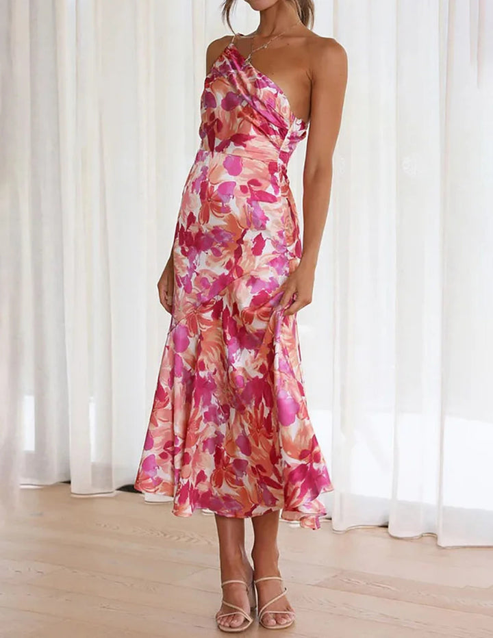 Rosa Blummen One Shoulder Ruched Satin Kleed