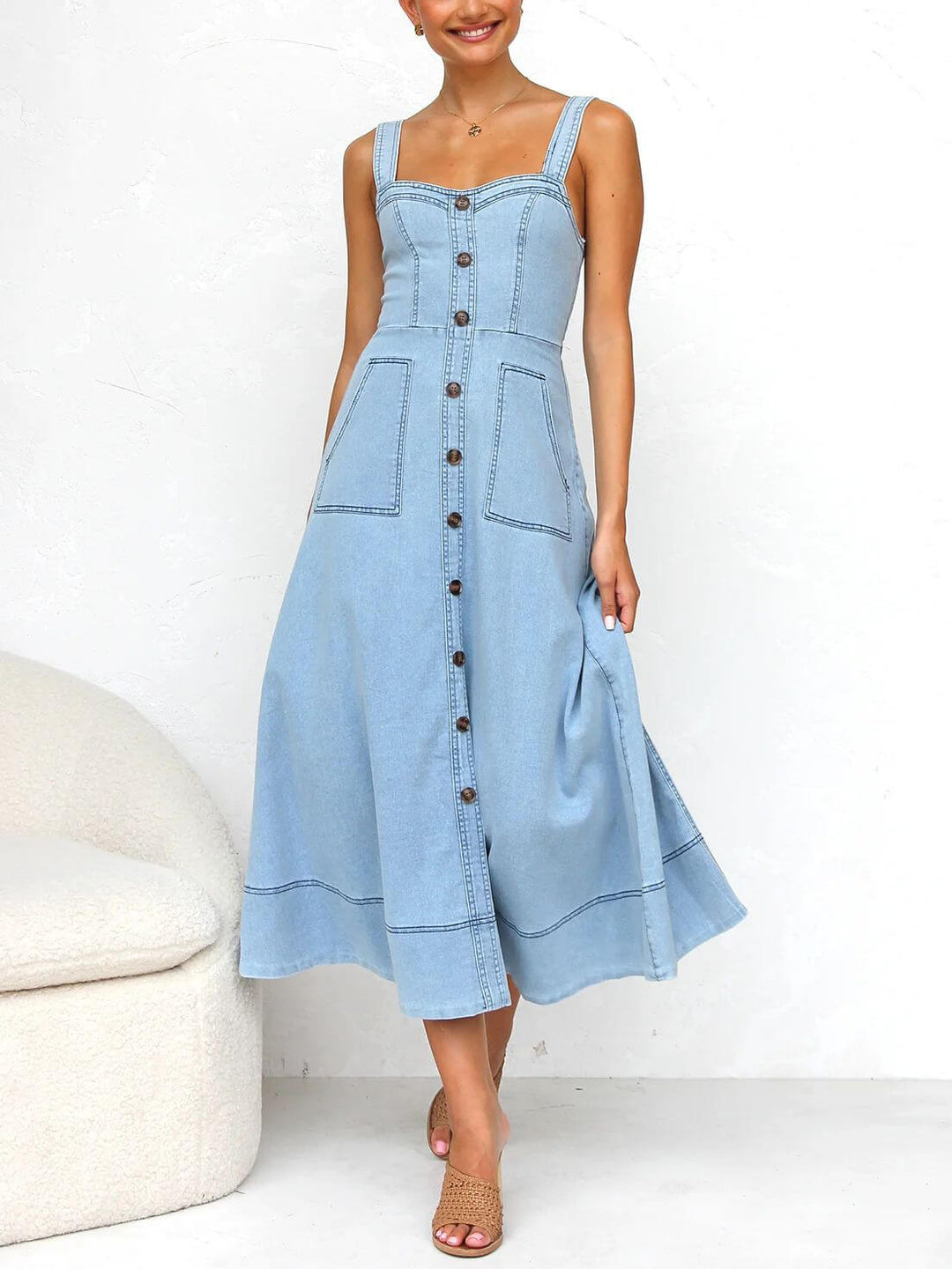 Denim henkselit Casual Button Midi-mekko