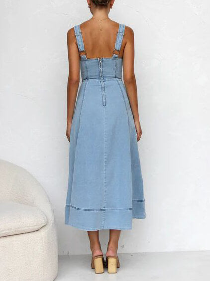 Denim Suspender Casual Button Midi-klänning