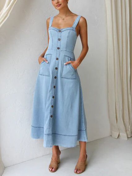 Denim Suspender Casual Button Midi-klänning