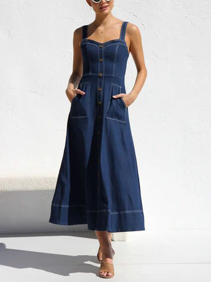 Denim henkselit Casual Button Midi-mekko