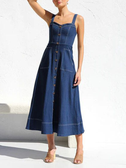 Denim henkselit Casual Button Midi-mekko