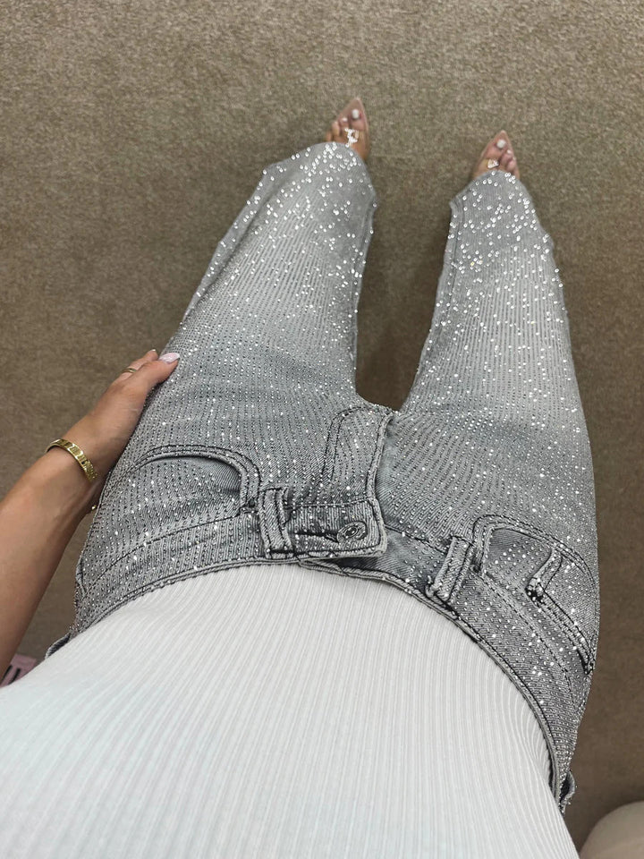 Premium-Jeans aus Diamanté-Denim mit weitem Bein in Sturmgrau