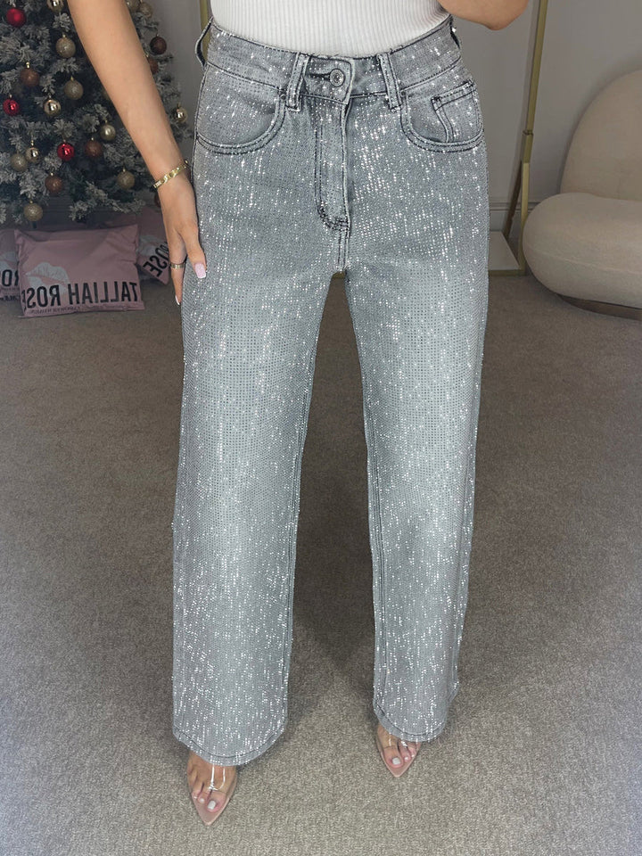 Premium Wide Leg Diamanté denim jeans i Storm Grey