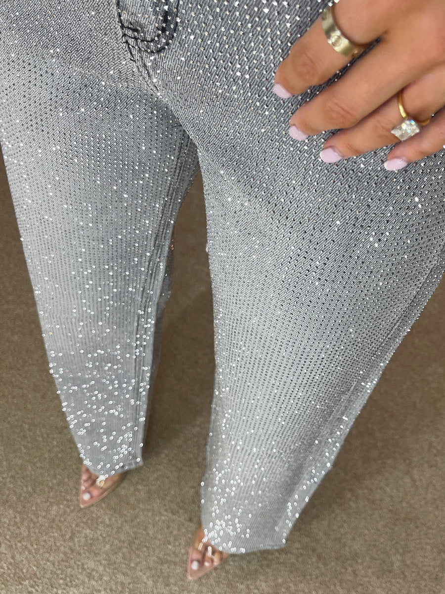 Premium Wide Leg Diamanté denim jeans i Storm Grey