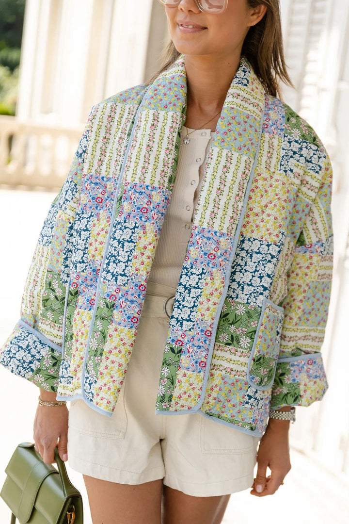 Gelbgrüne Jacke mit Patchwork-Print und Blumenmuster