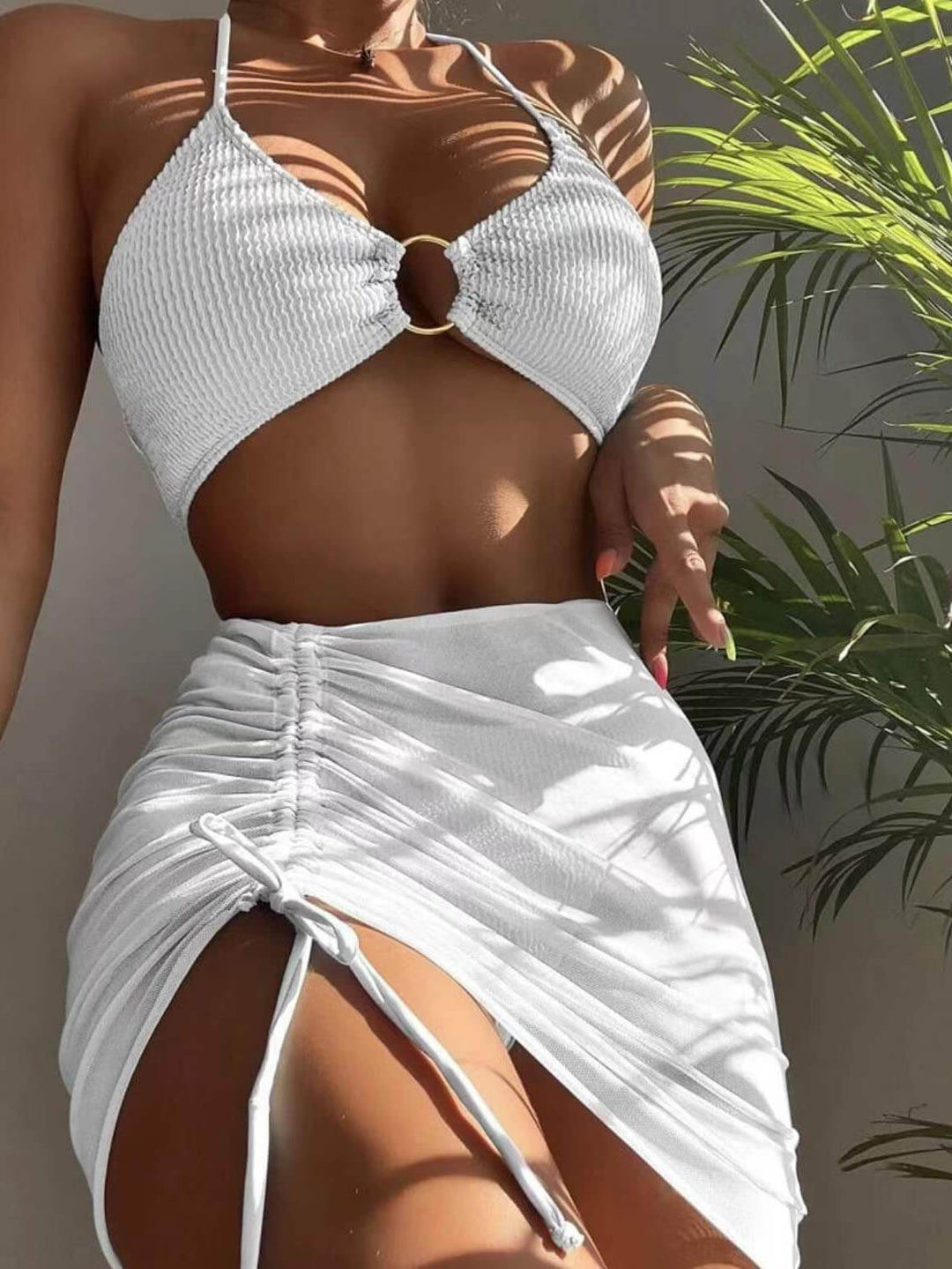 Maillot de bain trois pièces sexy à col licou de couleur unie