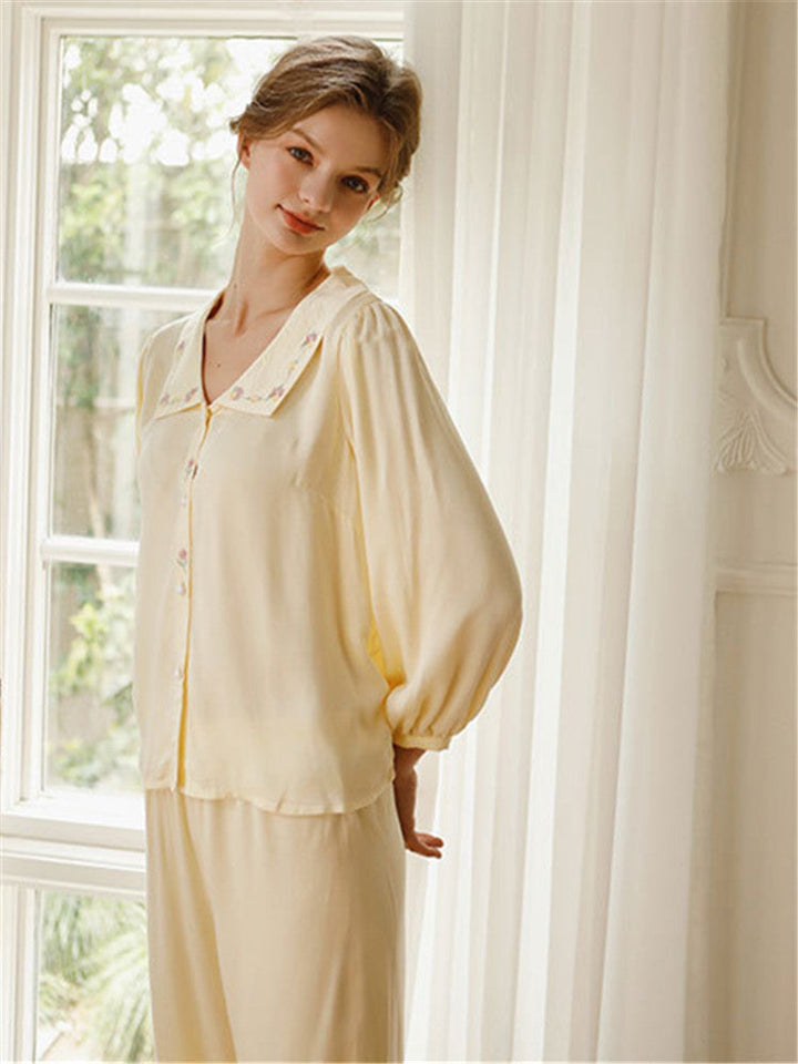 Satin Rose Embroidery Sleepwear Set