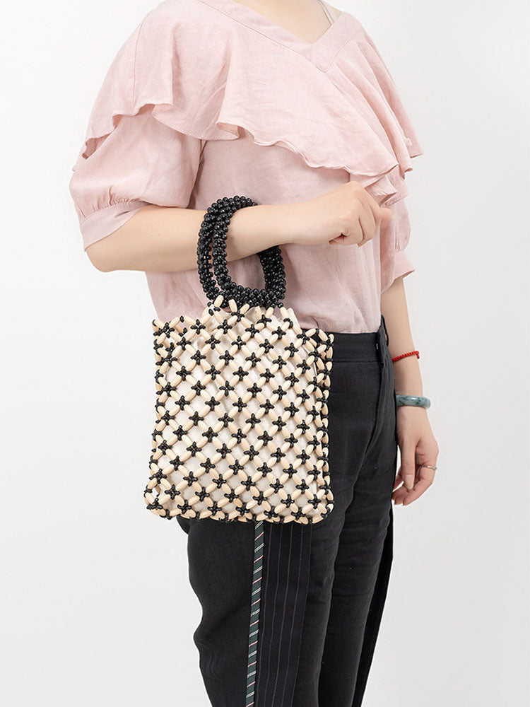 Block Wooden Bead Woven Tote Bag