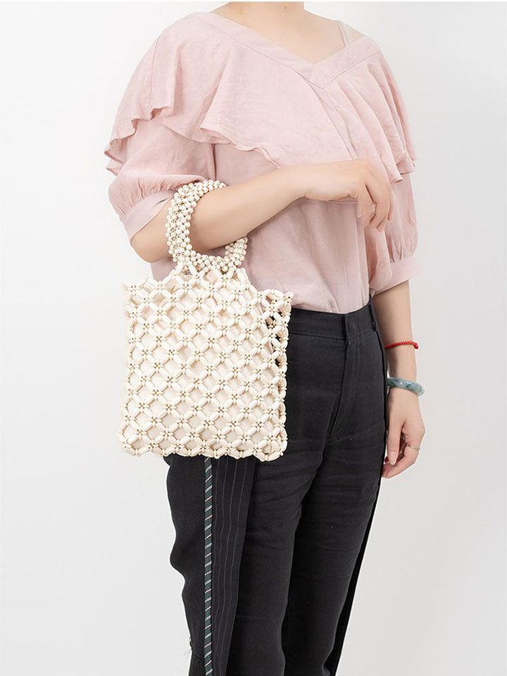 Block Wooden Bead Woven Tote Bag