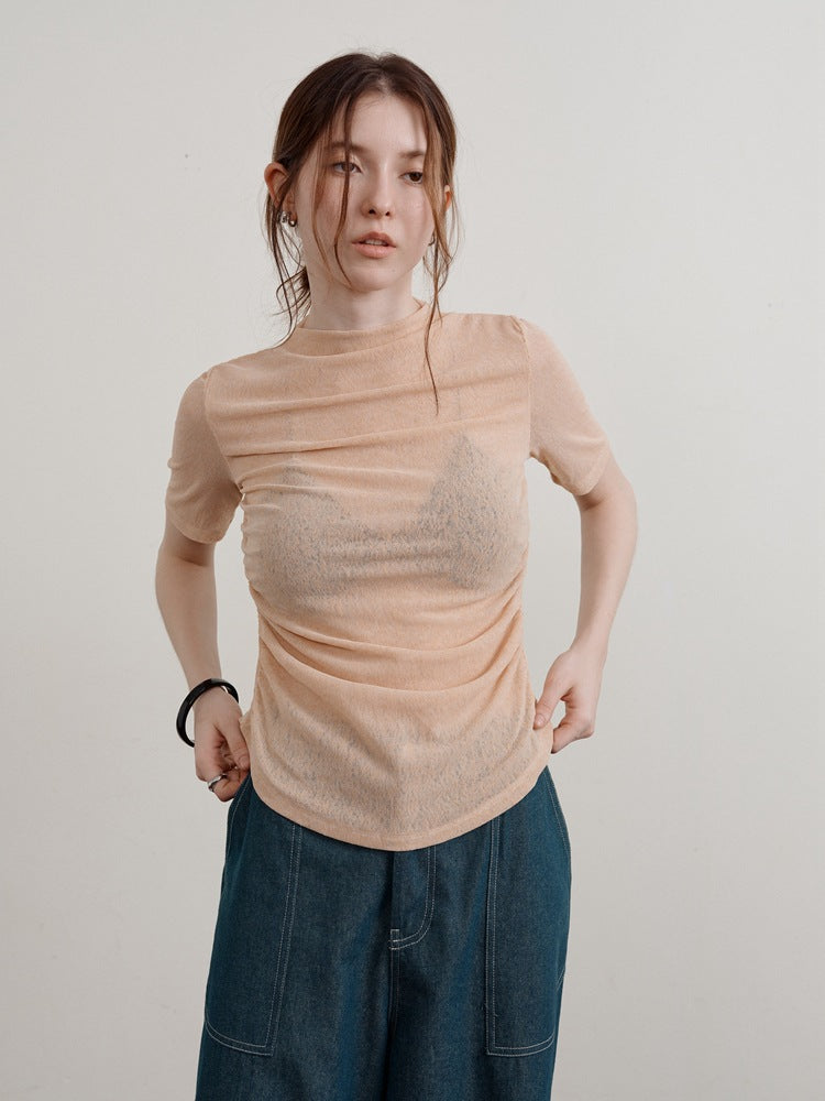 Pleated Mesh Short Sleeve Top