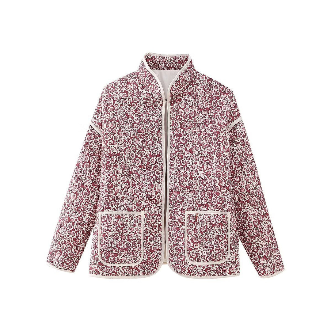 Small Floral Print Pocket Clip Cotton Drop Shoulder Jacket