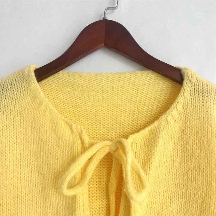 Solid Color Crew Neck Lace-Up Cardigan