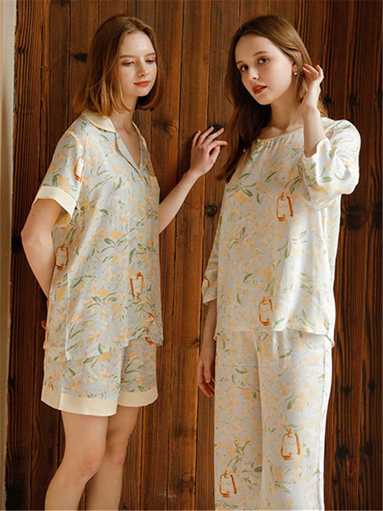 Sommar Satin Blommig Print Set