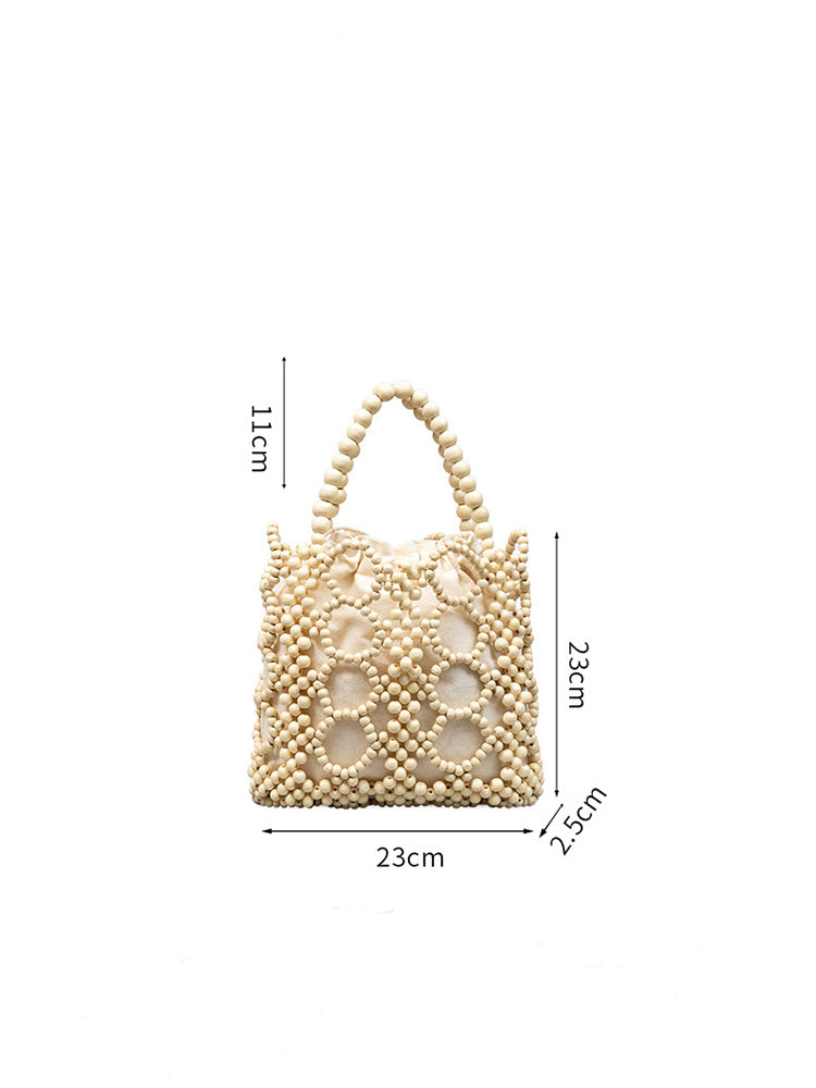 Borsa tote con perline di legno intrecciate a mano