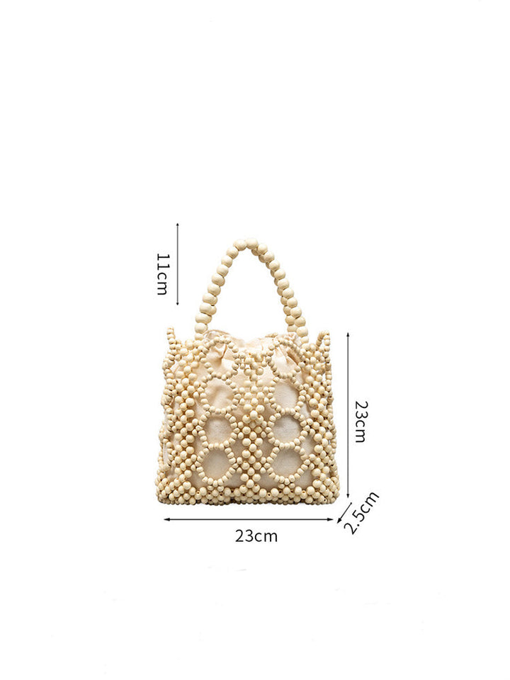 Borsa tote con perline di legno intrecciate a mano