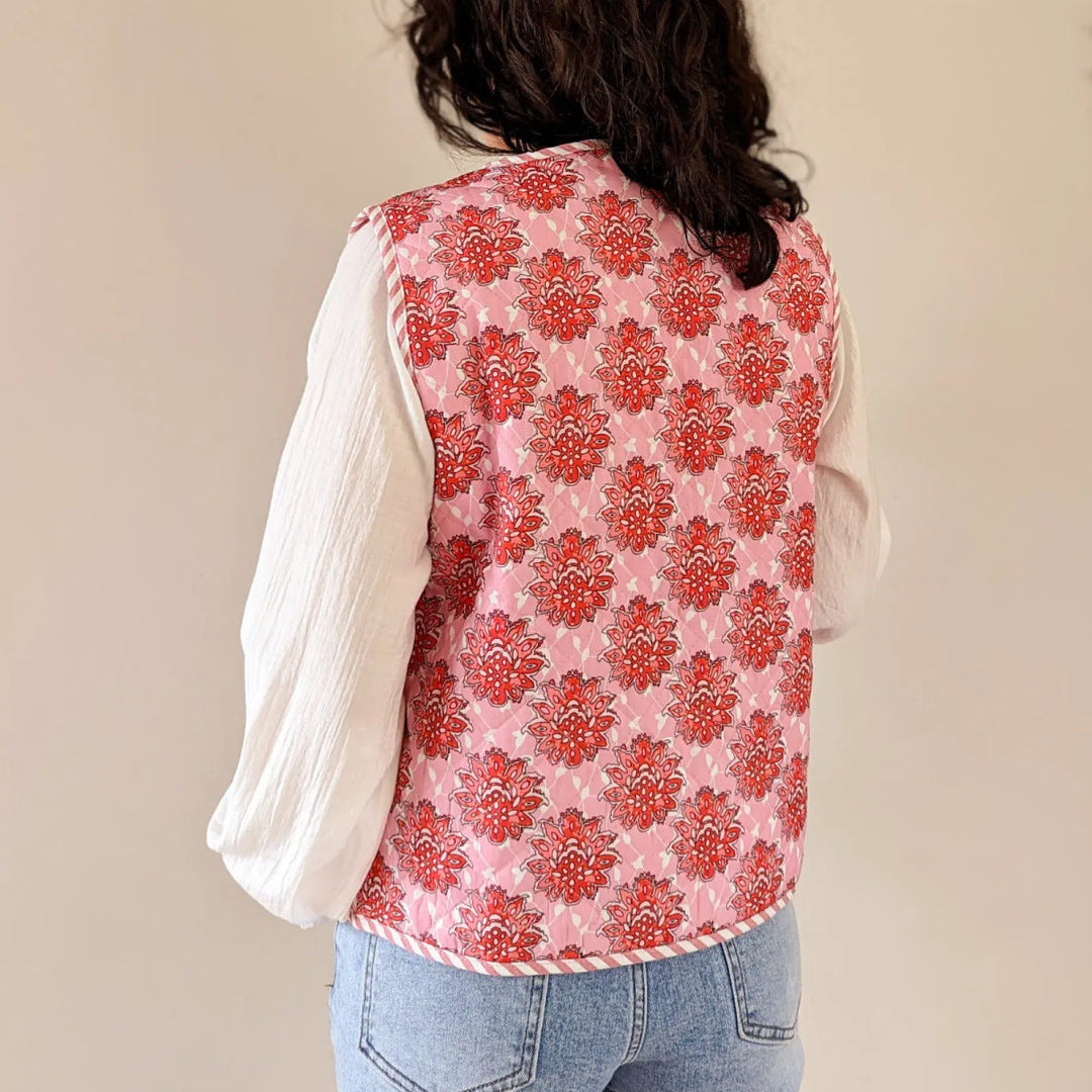 Pink Blumendruck Spëtzekleeder gesteppt dënn Waistcoat