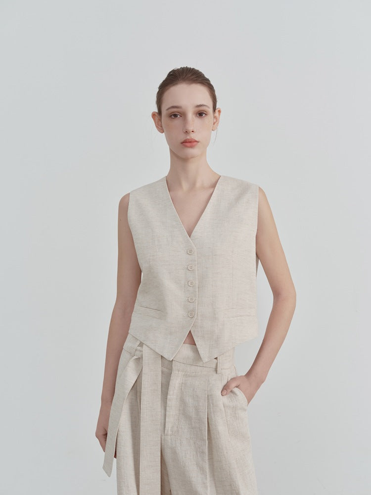 Cotton Linen V-Neck Sleeveless Vest