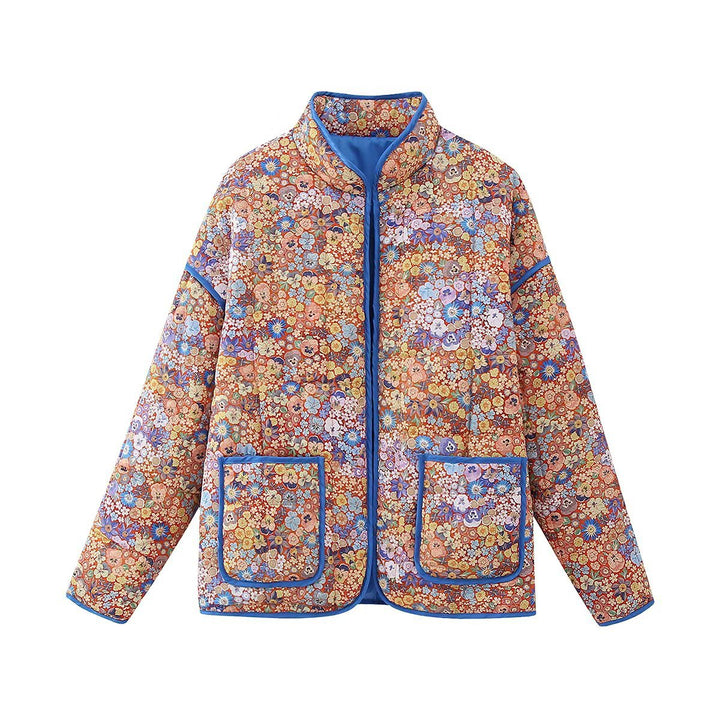 Small Floral Print Pocket Clip Cotton Drop Shoulder Jacket