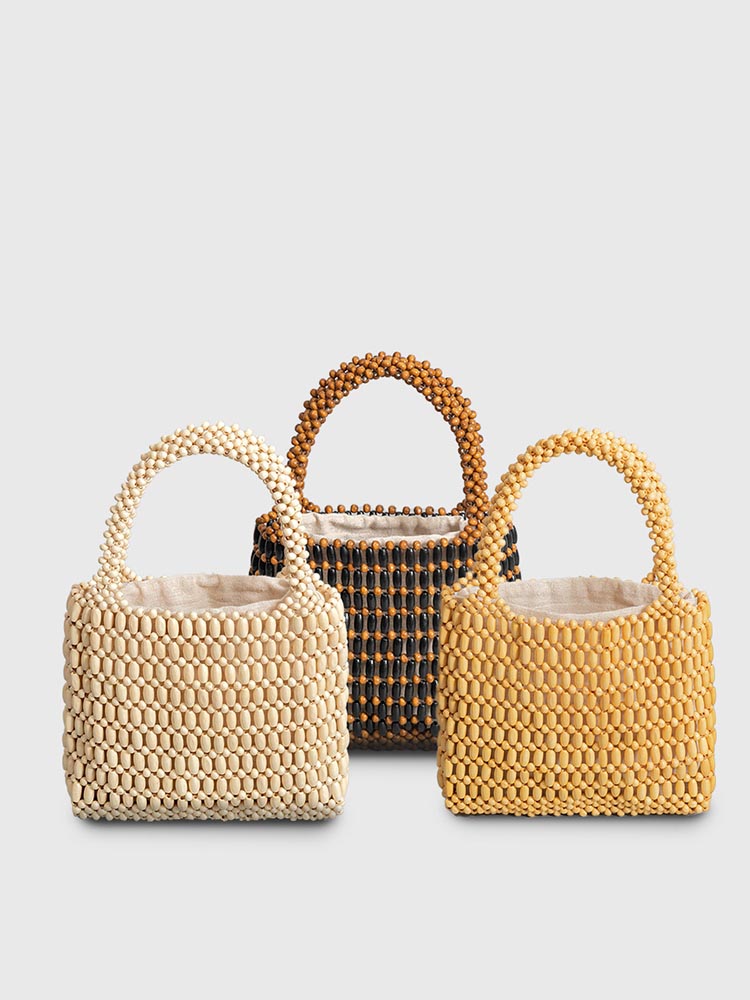 Wooden Bead Woven Tote Bag